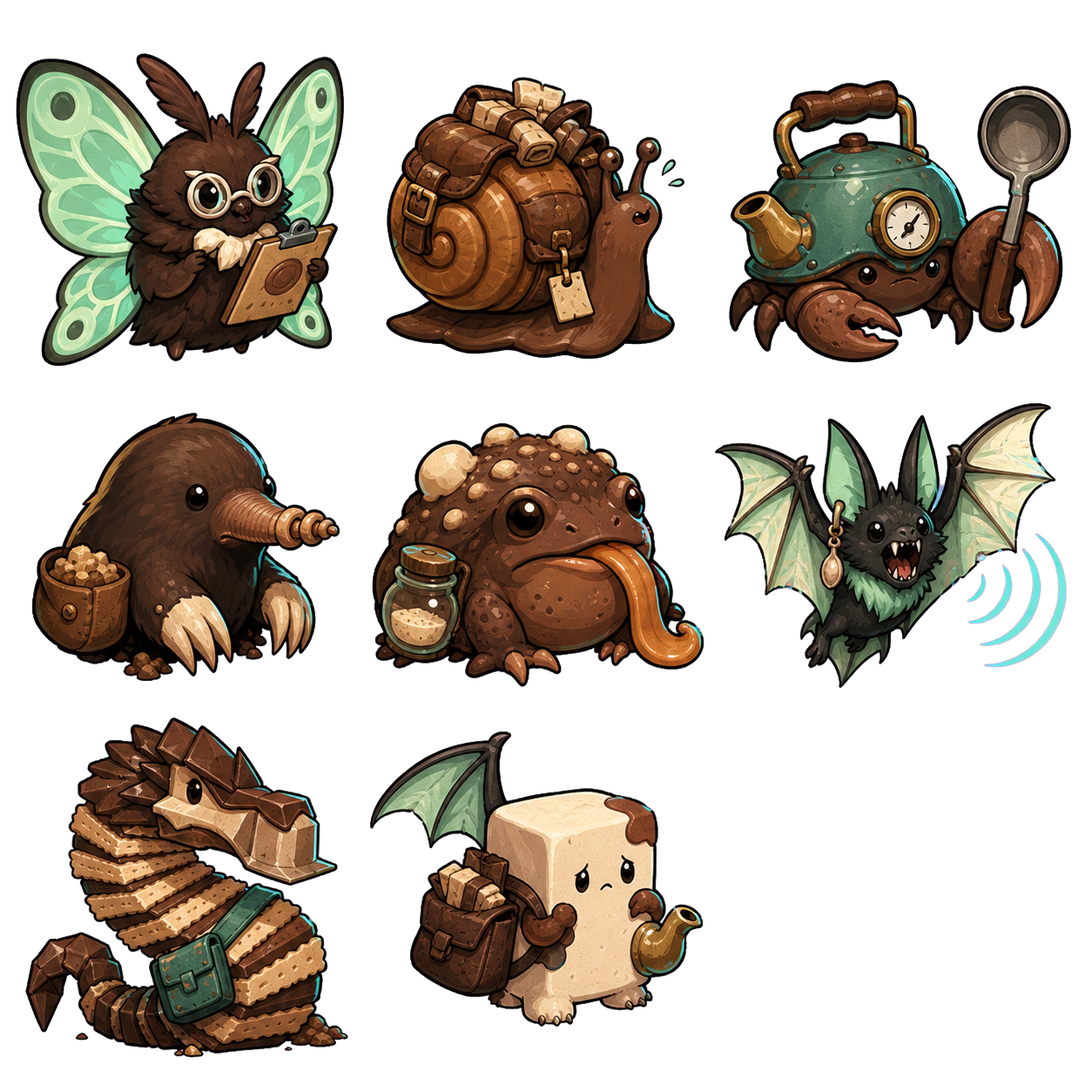 Eight colorful cave companions ready for an expedition