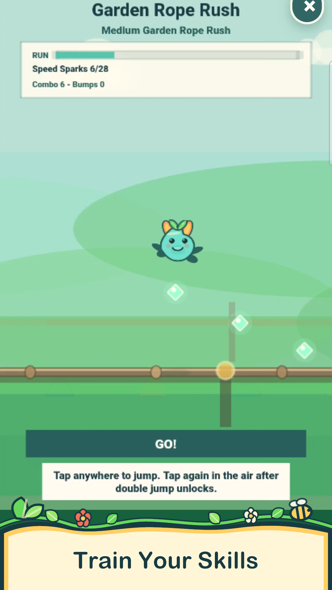 Momo collecting Speed Sparks in Garden Rope Rush training.