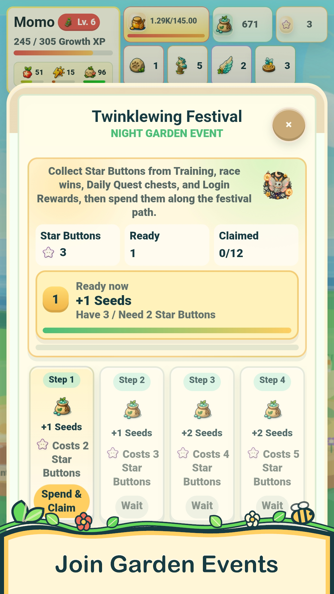 A Garden Festival event with tasks and rewards.