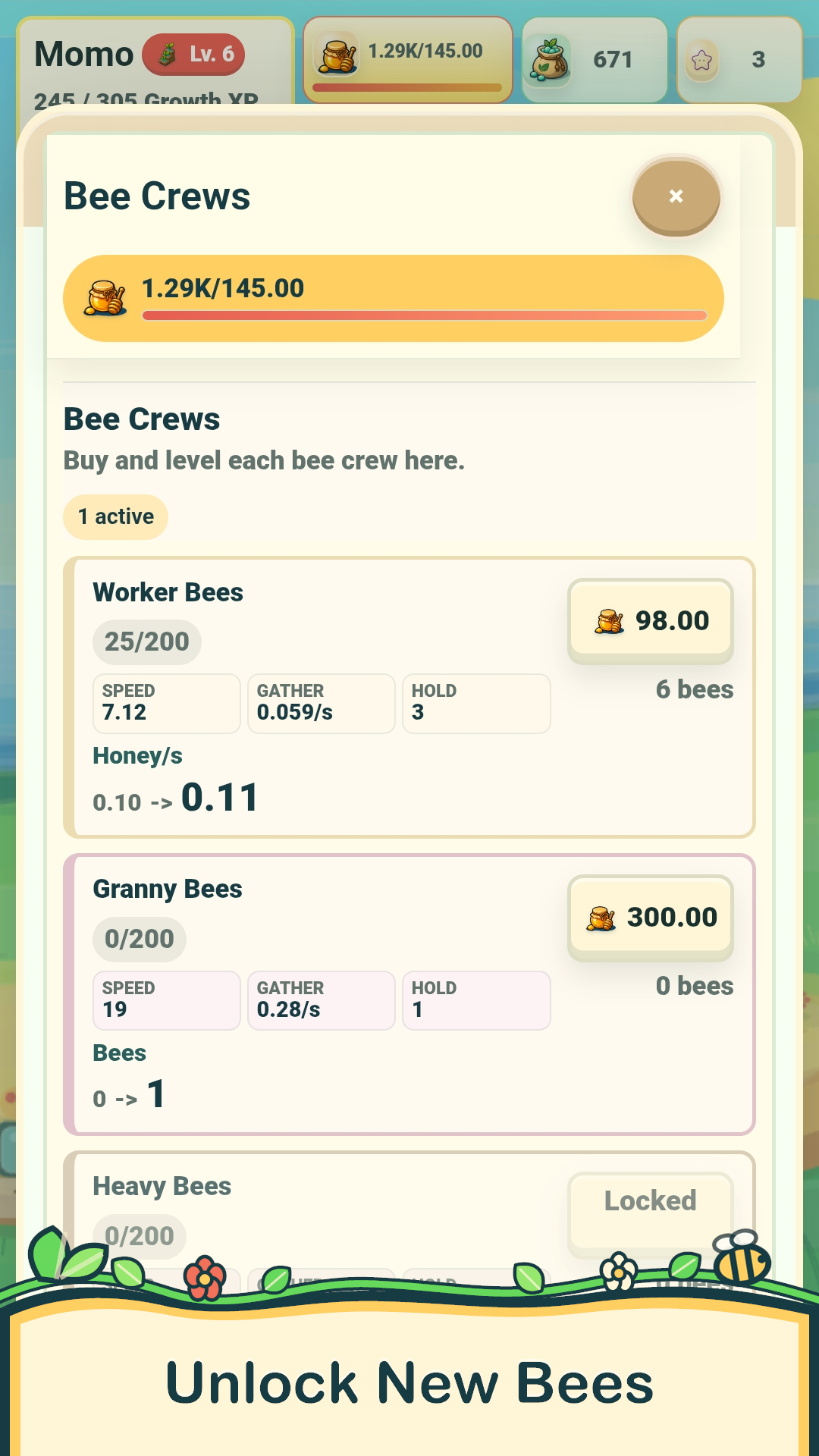 The Bee Crews screen showing worker and specialist bees.