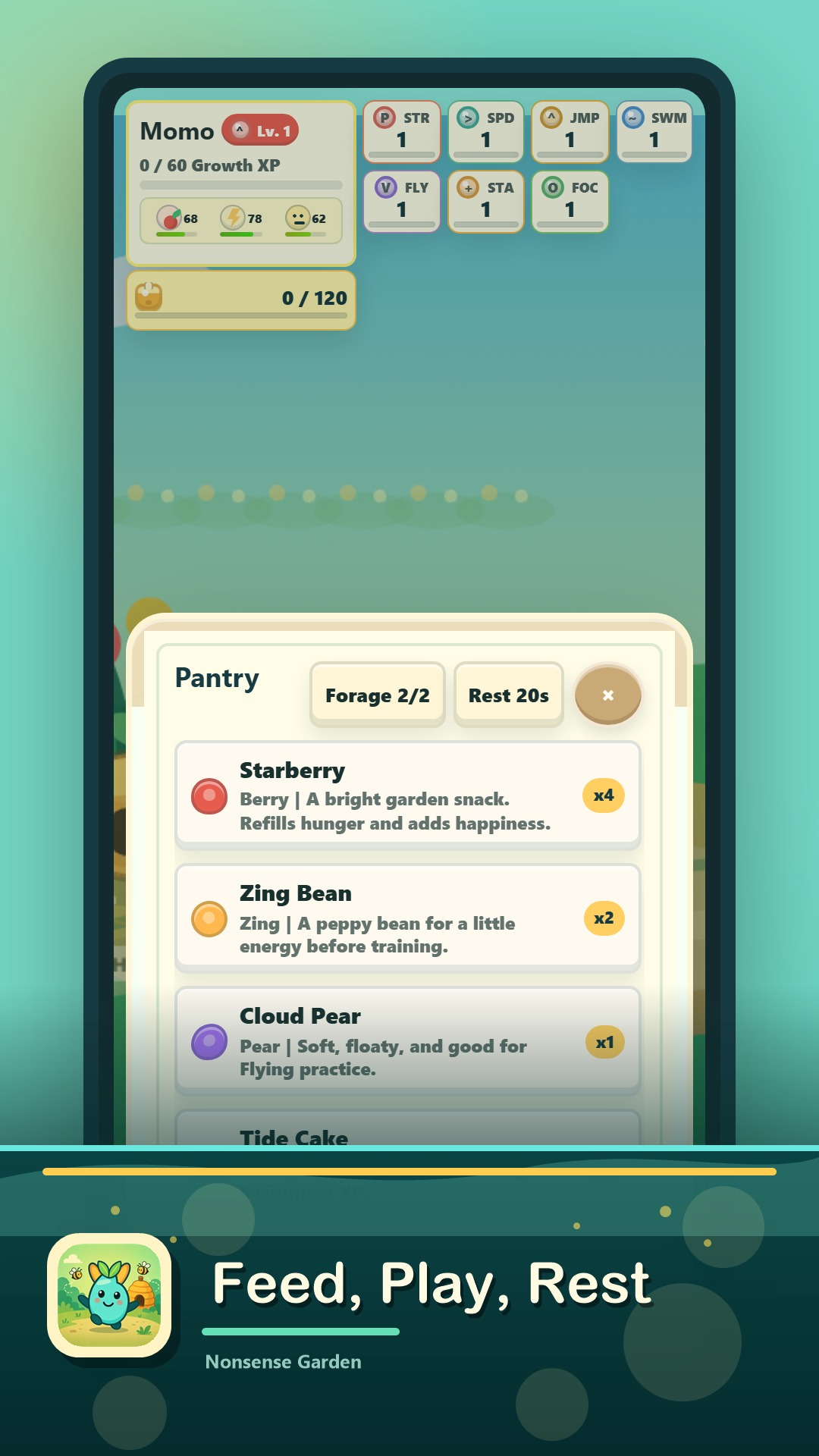 Momo garden care screen with pantry, toys, rest, and training buttons.