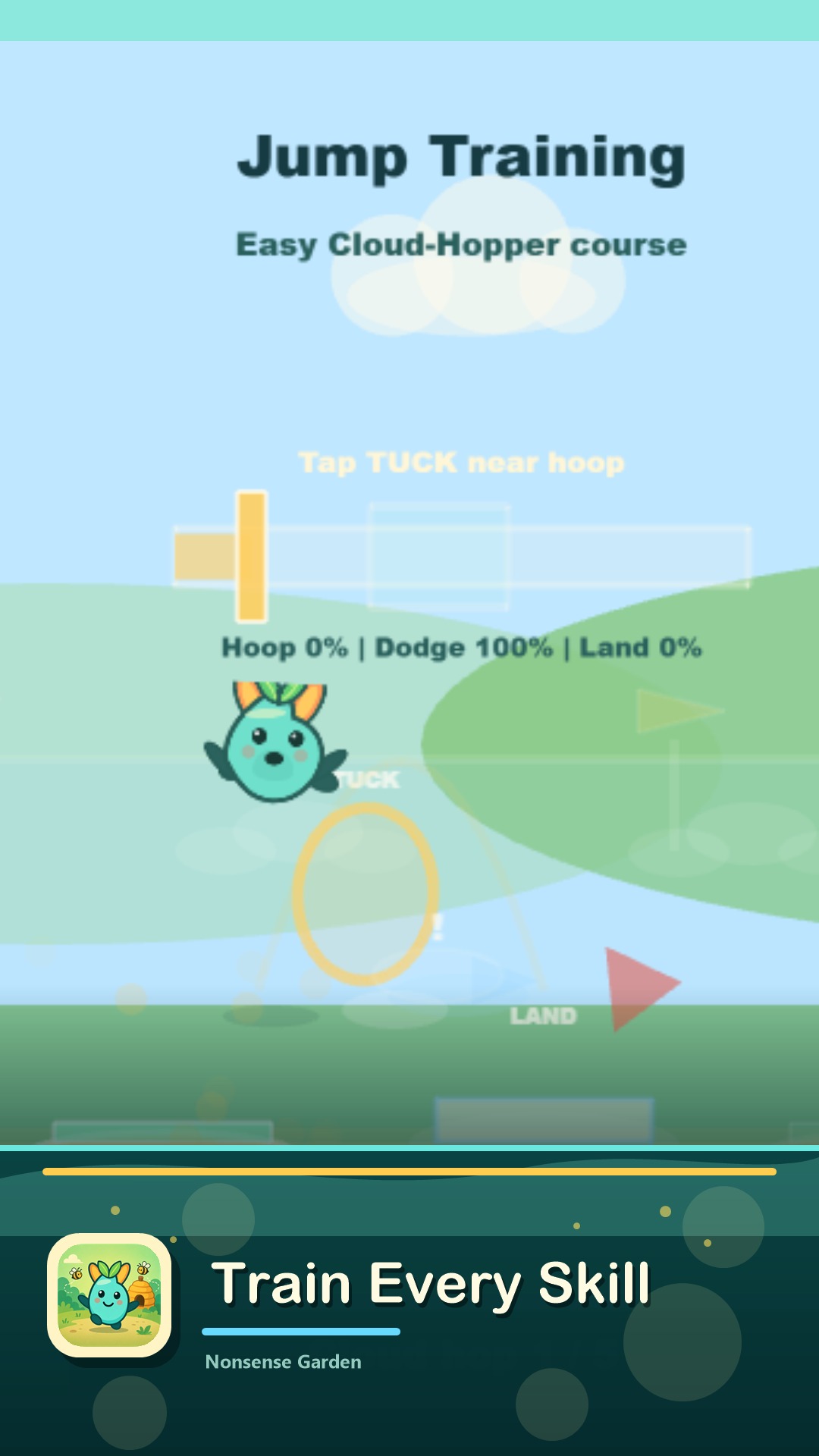 Jump Training screen with Momo moving through a cloud-hopper course.