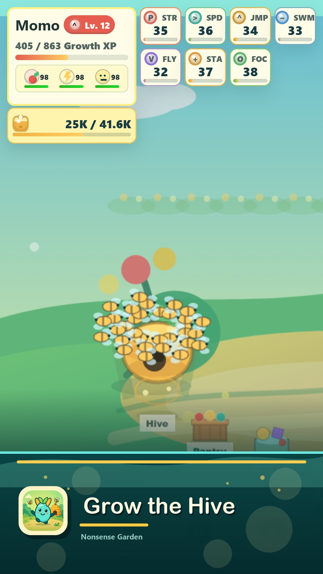 The Hive screen showing honey production and upgrades.