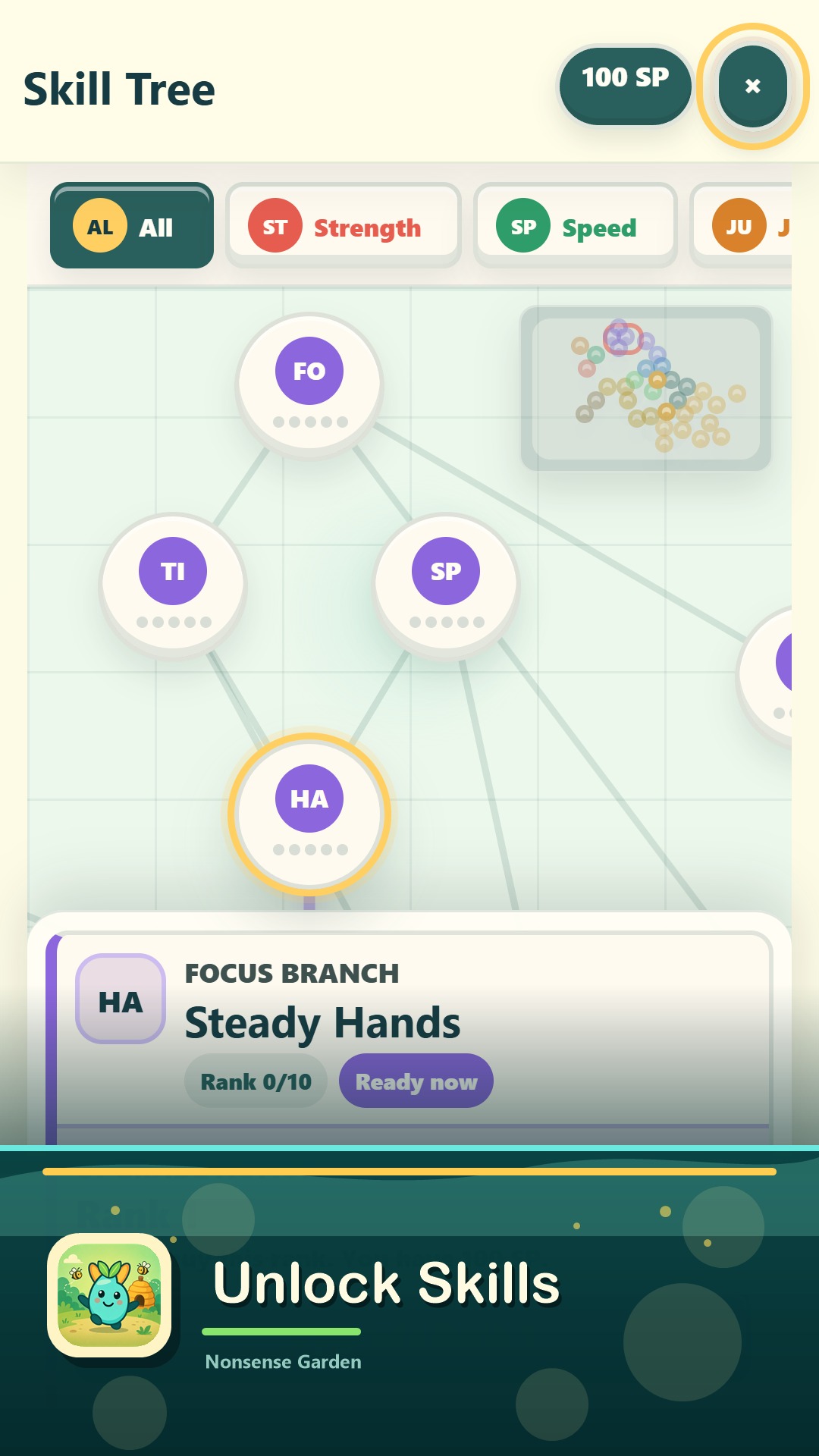 The Skill Tree screen showing unlockable branches.