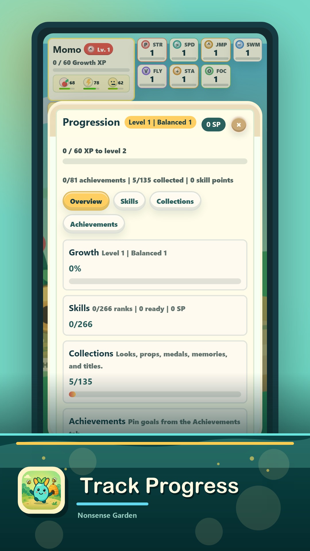 Progress screen showing collections, achievements, and skill progress.