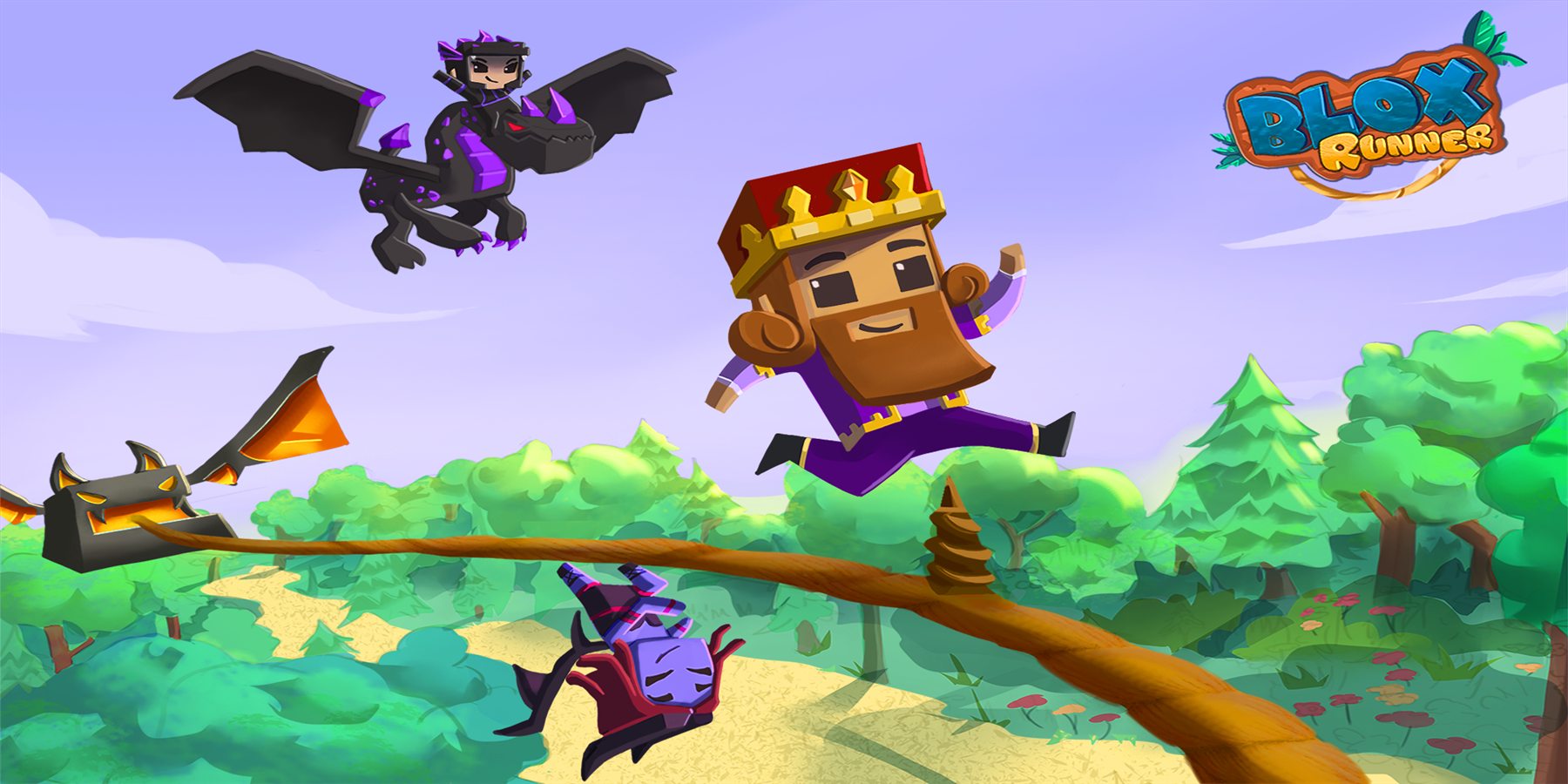 The Blox Runner king leaping through a colorful forest